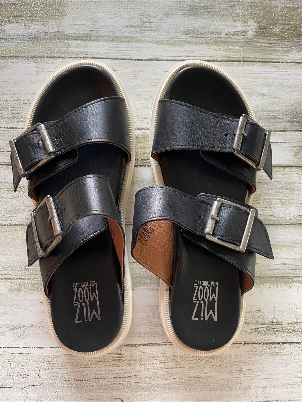 Miz Mooz Peyton Black Leather Double-Strap Slide Sandals White Chunky Sole